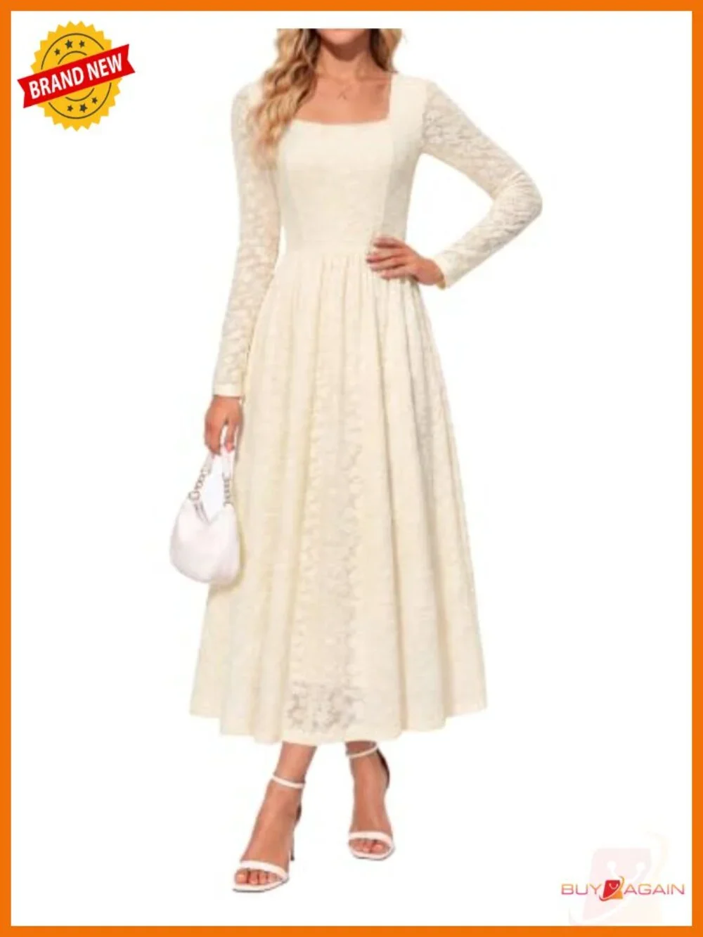 Women's Long Sleeve Midi A-Line Dress Square Neck with Pockets